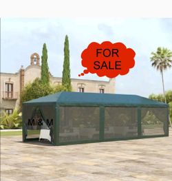  10' x 28' Party Tent Canopy, Outdoor Event Shelter Gazebo with 8 Removable Mesh Sidewalls, Zipper Doors, Steel Frame, Green