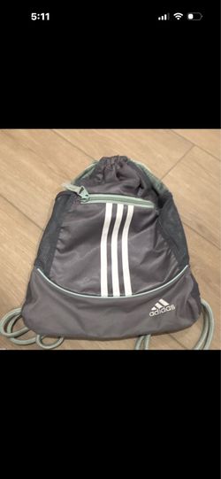 adidas Gray Small Drawstring Gym Backpack Sack Bag, Front Zip Pocket, Logo