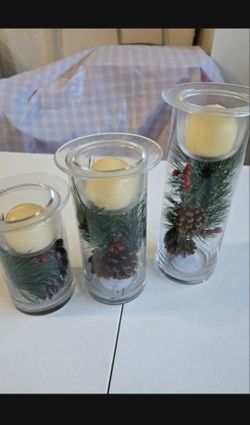 Set of 3 Glass Christmas Hurricane Candle Holders