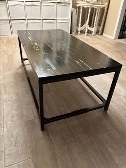 Modern Industrial Black Coffee Table - Distressed Wood Top & Metal Frame