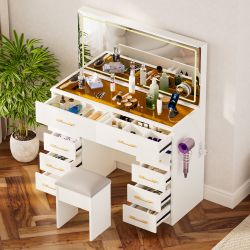 Uppsala 46" Glass Top Vanity Desk Set with 10 Drawers and LED Lighted Mirror