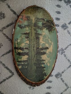 Vintage Live Edge Wood Slice Plaque w/Sequoia National Park Scene