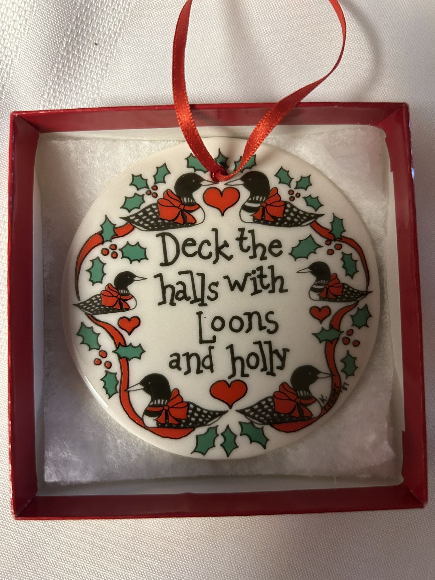 “Deck The Halls With Loons & Holly” Porcelain Ornament