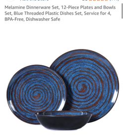 MELAMINE new 12 PC blue threaded plastic dinnerware set