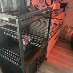 Rolling Walnut Coffee Cart w/Cabinet, Shelf, Drawer 