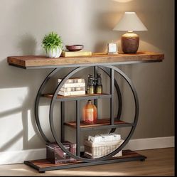45.28" 4-Tier Industrial Console Table with Built-In LED Light Bar & US Outlet - Narrow Rustic Brown Engineered Wood & Metal Sofa Table, Storage Shelv