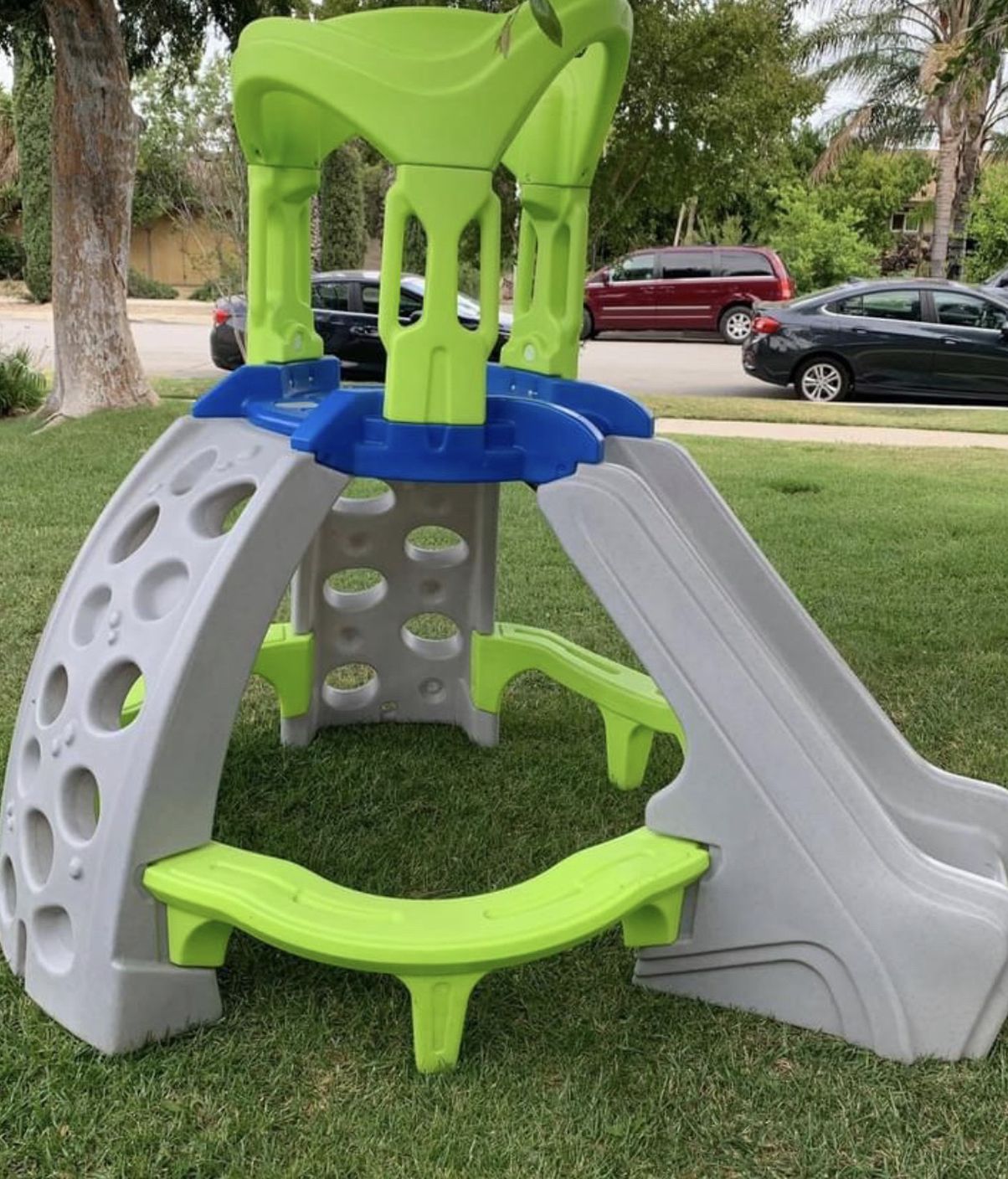 step 2 playhouse playground climber with kids slide and benches