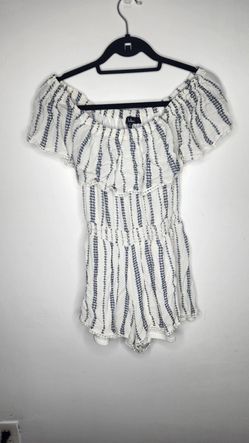Lulus Romper Womens Small Blue White Off Shoulder Striped Boho Elastic Waist