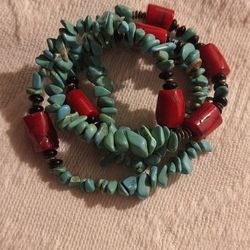 50% off until Saturday only Old Natural Beautiful Hand Made Turquoise Nuggets / Coral Native American Beaded Necklace