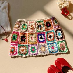Women Colorful Floral Pattern Mini Knitted Skirt