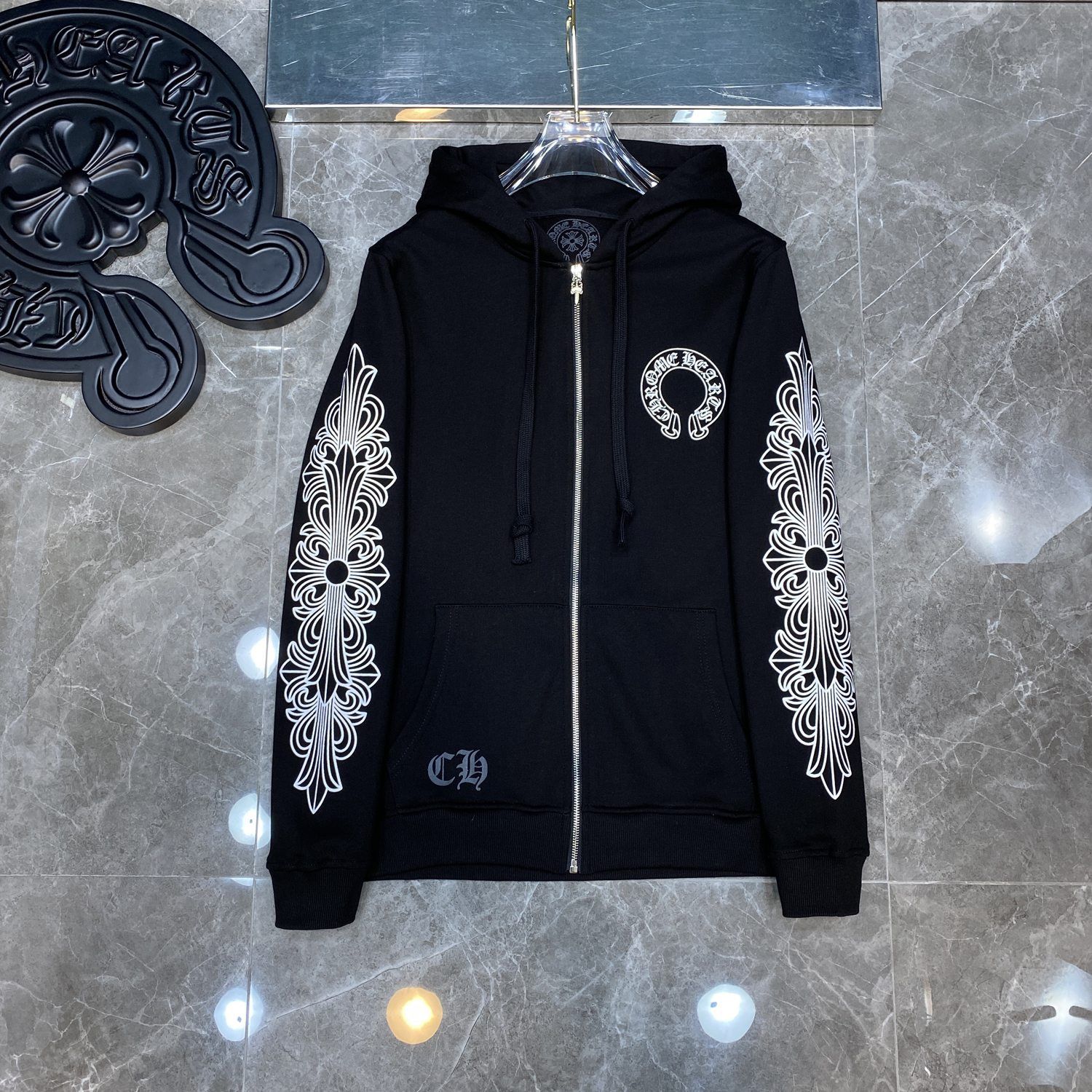 CHROME HEARTS FLORAL CROSS ZIP UP HOODIE - - BLACK