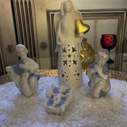 Vintage 3 Piece Lefton Blue and White Christmas Nativity Set  #5122