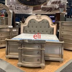 Cavalier Silver Upholstered Sleigh Bedroom Set/Dresser,mirror,nightstand,bed//Queen And King Size Available/Mattress Sold Separately 