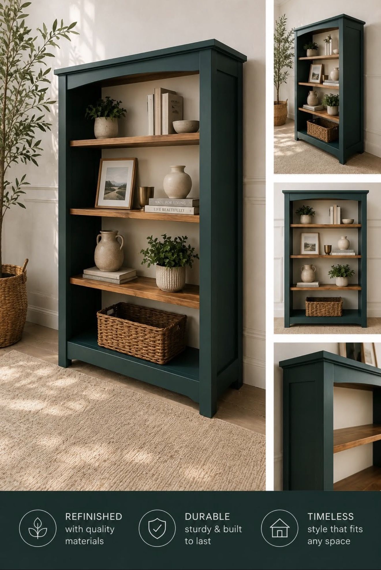 Refinished Modern Farmhouse Bookcase | Hidden Gem Green + Warm Wood
