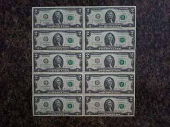 10 × Uncirculated Two Dollar Bills Sequential Notes
