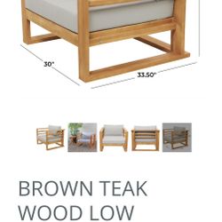 BROWN TEAK WOOD LOW PROFILE OUTDOOR CHAIR WITH CUSHIONS,SET OF 2  34" X 30" X 26"
