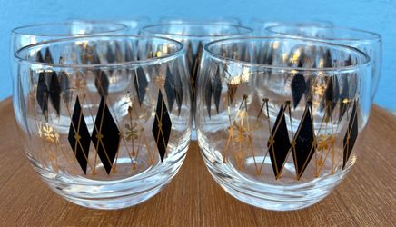Set of 8 mid century Federal harlequin roly poly glasses