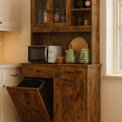 Out Trash&Storage Cabinet, Kitchen Sideboard Cupboard W/Pet Proof 10X2 Gal Hidden Garbage Holder, Freestand Laundry Sort Cabinet, W/Drawer, Shelves,Ba