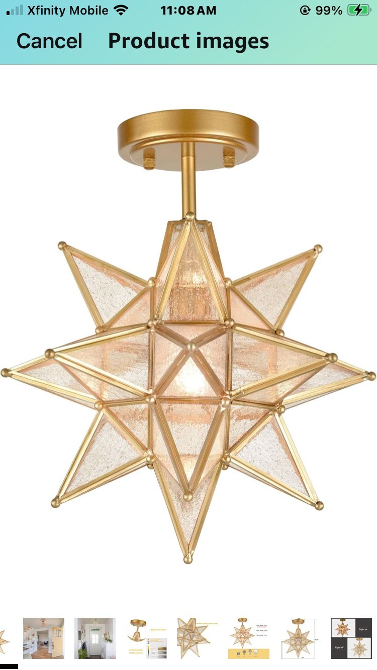 Gorgeous Very Sturdy Brushed Gold Moravian Star Ceiling Light with Seeded Glass Semi Flush Mount Ceiling Light Just Purchased For &149!