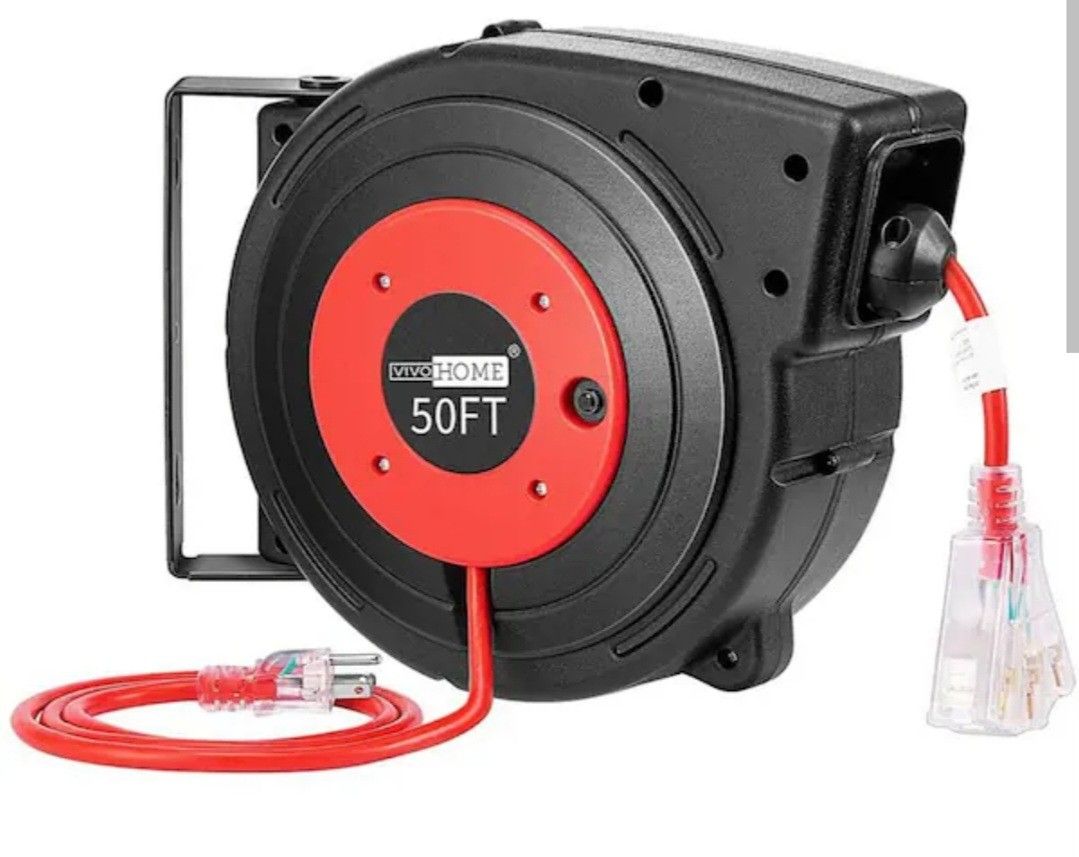 Vivo Home 50 ft. Retractable Cord Reel with Ceiling Wall Mount Swivel Bracket and LED Light Connector