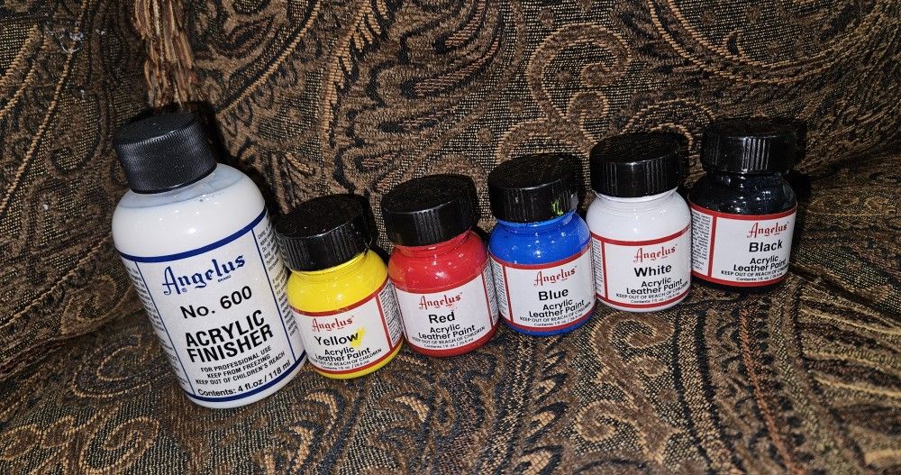 Angelus Leather Paint, Contains 1 Ounce Bottles of Black, White, Red, Blue, Yellow + finisher