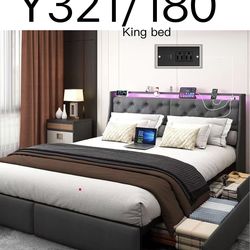Y321🔥King Size Platform Bed Frame with 4 Storage Drawers and LED Headboard, Upholstered King Metal Bed with Charging Station, No Box Spring Needed, E