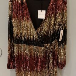 Premier Amour Black Gold Ombré Sequined Dress Full Sleeves Party Size 16
