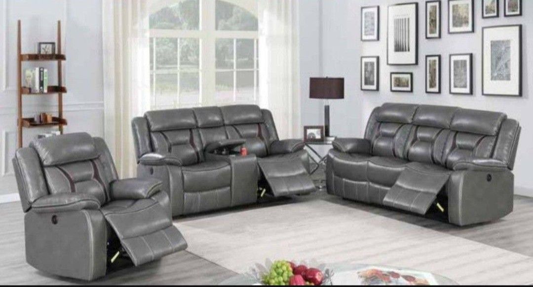 Brand New Grey Leather Gel 3pc Reclining Sofa Set