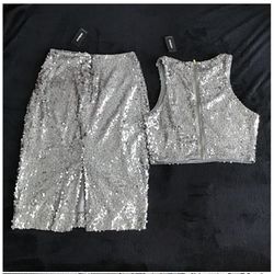 EXPRESS silver grey sequin pencil skirt and crop top NEW WITH TAGS