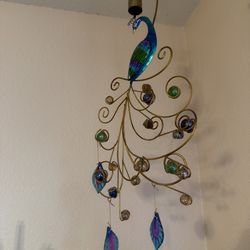 Handcrafted Metal Peacock Wind Chime with Colorful Glass Feathers
