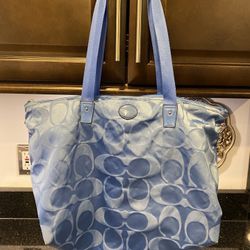 COACH Signature Travel Blue Tote Bag Zipper 14Lx12Hx7W