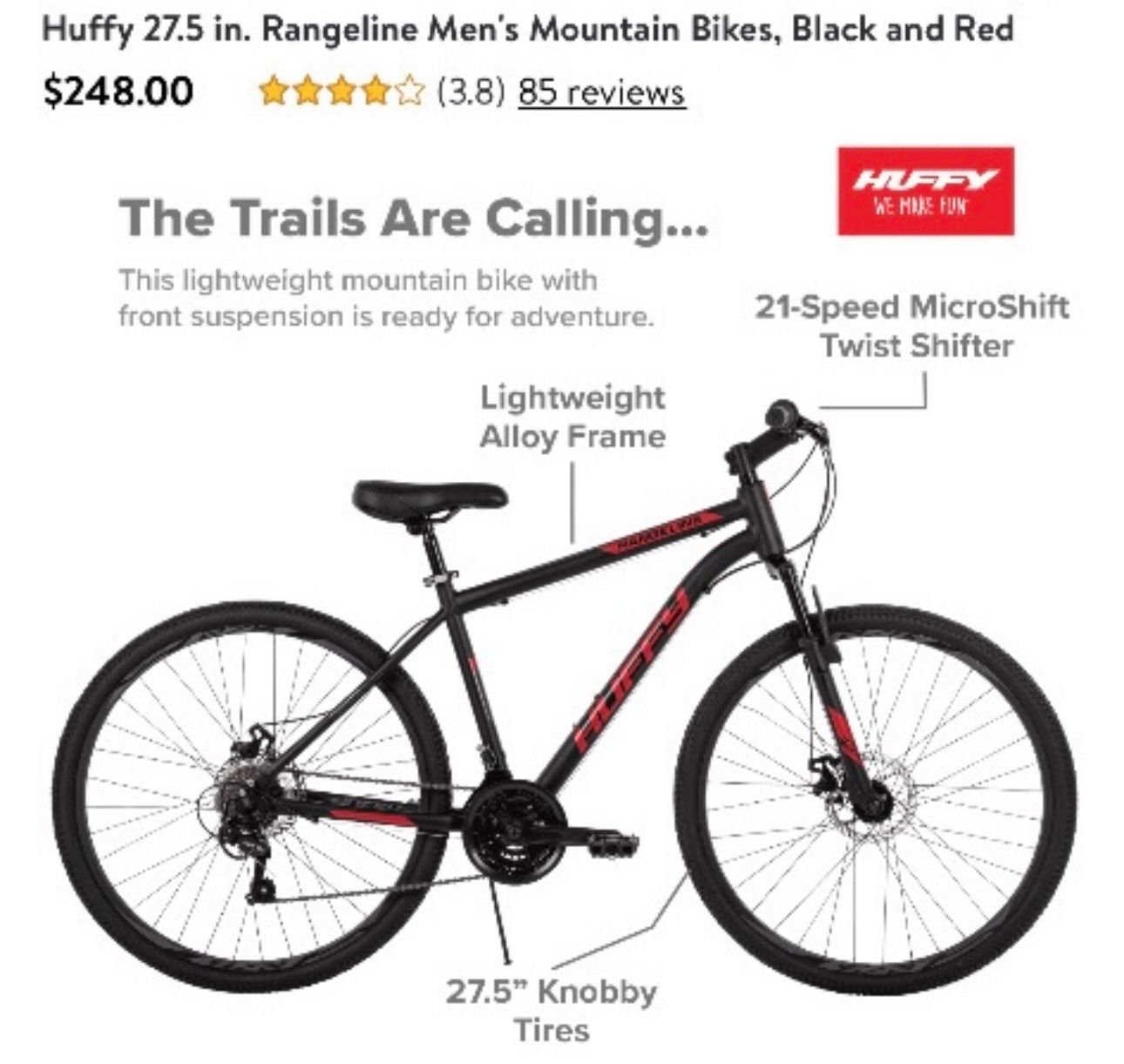 Huffy 27.5 in. Rangeline Men's Mountain Bikes, Black and Red
