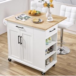 Rolling Kitchen Island Cart with Drop Leaf, Portable Rubberwood Breakfast Bar with Storage Cabinet, Open Shelves & Detachable Towel, 2 Drawers, White