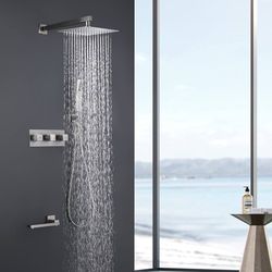 3 Function Temperature Control Complete Shower System with Rough-in Valve, 10 inches Brushed Nickel
