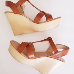 Wedge Strappy Sandals Beige and Cognac Brown sz 6