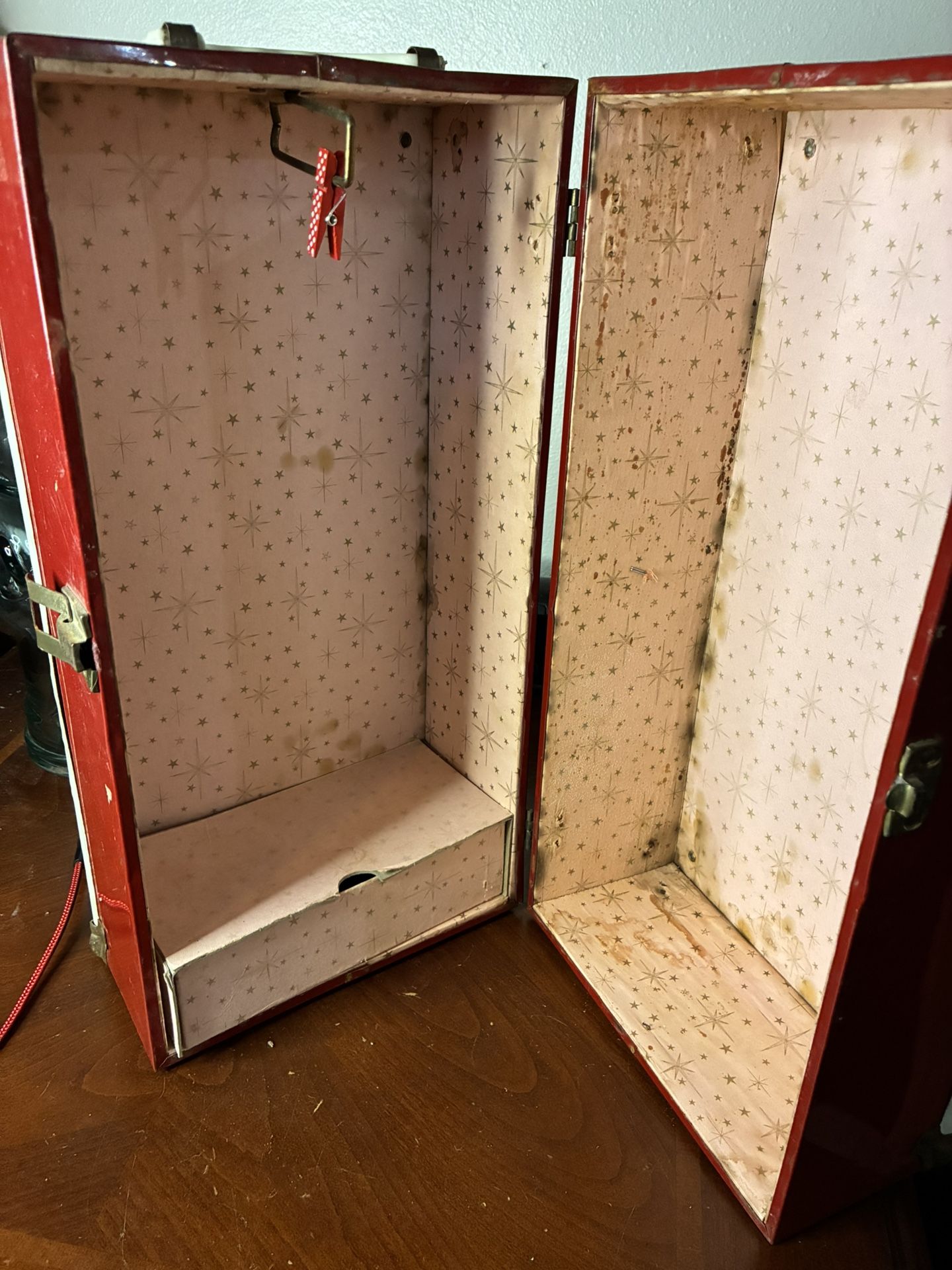 Vintage 1950s Metal Red Doll Carrying Case Trunk 13x6x6 Inches Wardrobe Storage