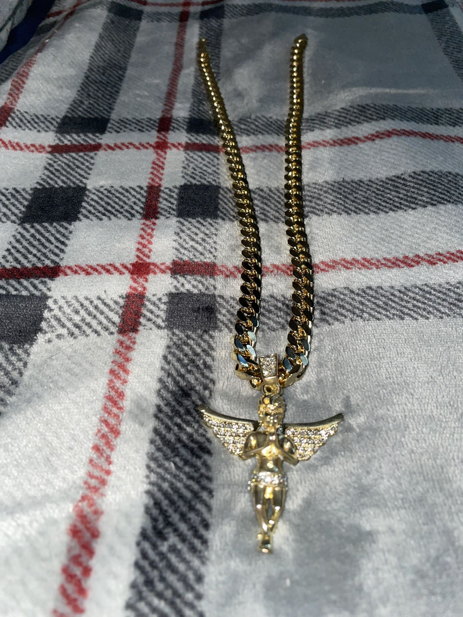 14k gold cuban chain & angel pendant set