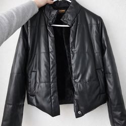 Black Faux Leather Puffer Jacket – Size M, Worn Once, Like New