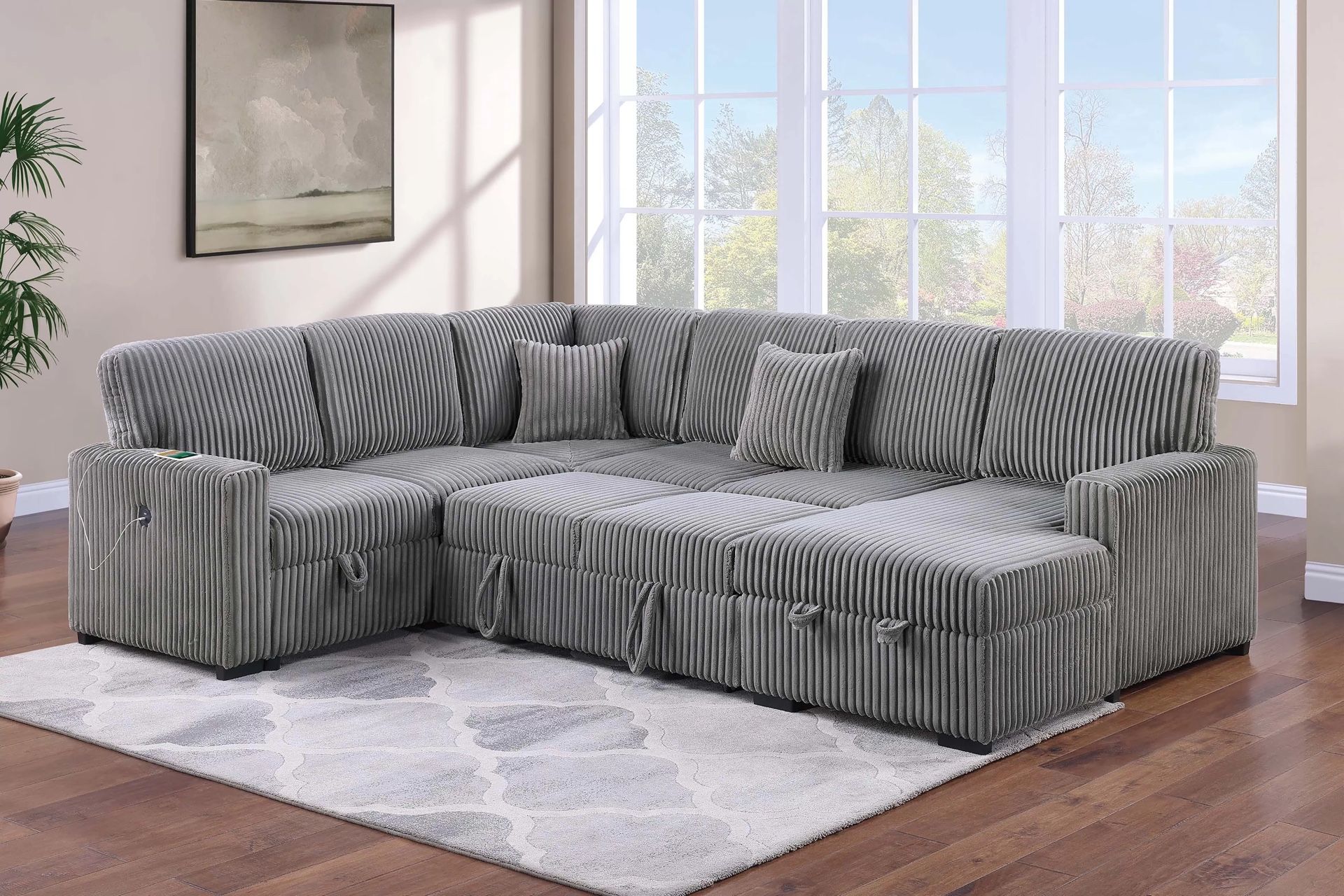 Brand New Super Plush Pullout Corduroy Sectional Set W/storage