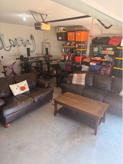 Leather sofa and polished wood table