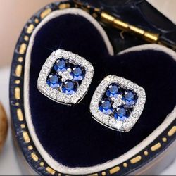 Iced Out 14K White Gold-Plated Sapphire Cubic Zirconia Men & Women Cluster Stud Earrings 