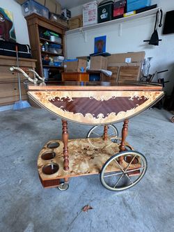 Vintage Italian Sorrento Marquetry Inlaid Bar Cart – Drop-Leaf Trolley with Brass Gallery & Wheels