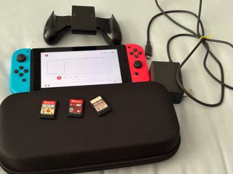 Nintendo Switch Console Bundle - Neon Blue/Red with 3 Games, Case & Grip