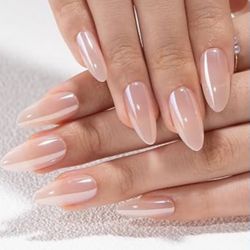 Soft Gel Press On Nails Kit - 30pcs Full Cover False Pale Pink High-Shine Chrome Nail Tips Designs, Fake Nail with Nail Glue - Easy Application Nail A