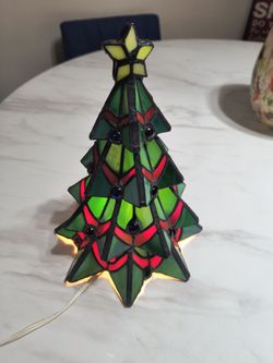 Tiffany-style Vintage Christmas tree lamp handcrafted stained glass in green and red with blue 10"