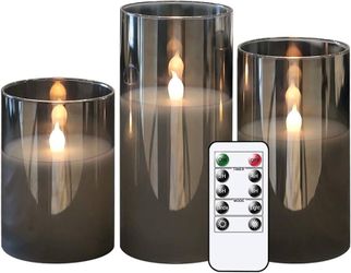 Gray Glass Flameless LED Candles, Battery Operated, with Timer and 10-Key Remote Control, Warm Light Flickering Real Wax Candles for Home Decor and We