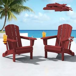 SERWALL Folding Adirondack Chair Set of 2 with Dual Cup Holders & Phone Holder, All-Weather HDPE Fire Pit Chairs for Outdoor, Patio, Poolside, Garden 