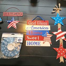 4th OF JULY all NEW American Flag (52x30) And Wood & Metal God Bless America Stars And Stripes Bows Americana Decorations