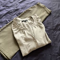 It’s A Beautiful Two Pieces A Skirt In Size M and  A Blouse In Size L Both For $20 Total The Color Is Light Olive Both