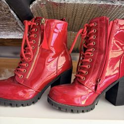 Girls Red Patent Lace-Up Combat Boots – Size 6